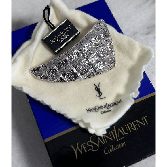 Auth Yves YSL Saint Laurent Silver Textured Brooch Large - Picture 1 of 8